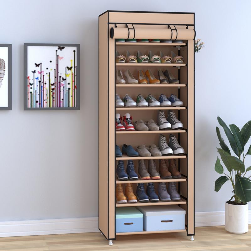 UDEAR 10 Tier Shoe Rack 9 Grids with Dustproof Cover,adjustable standing shelf, high storage rack, dustproof stackable, freestanding shoes organizer, plastic, metal, black, installation, water proof