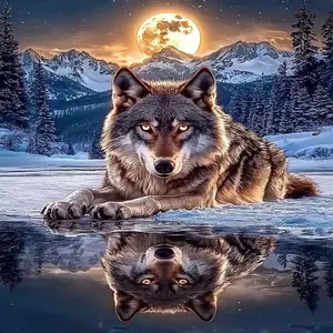 5D DIY Full Drill Round Diamond Painting - Diamond Art Kit Wolf Moon Snow Scene Mosaic, Canvas - DIY Decorative Painting, Home Wall Decor, Perfect for Halloween and Christmas, Independence Day, Birthdays, and Anniversary Gifts.