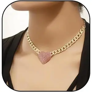 Rhinestone Heart Necklace for Women   Heart Pendant Choker Necklace Cuban Link Chain Love Heart Chunky Necklace Zircon Heart Statement Necklace