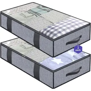 Set of 2 Foldable Underbed Storage Bags – Linen-Like Grey  for Blankets, Clothes, and Comforters Organiser