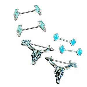 14G Bull Skull, Cactus and lightning bolt Nipple Piercings set