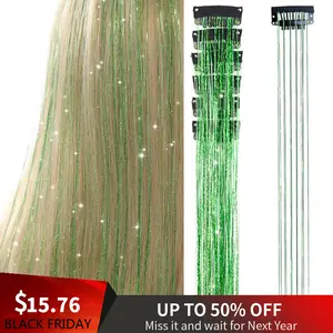 Hair Tinsel 6 Pcs Clip in Hair Tinsel Kit for Girls 20 Inch Glitter Fairy Tinsel Hair Extensions Colorful Heat Resistant Party Festival Accessories for Women Kids (green) hair halloween cosplay prop