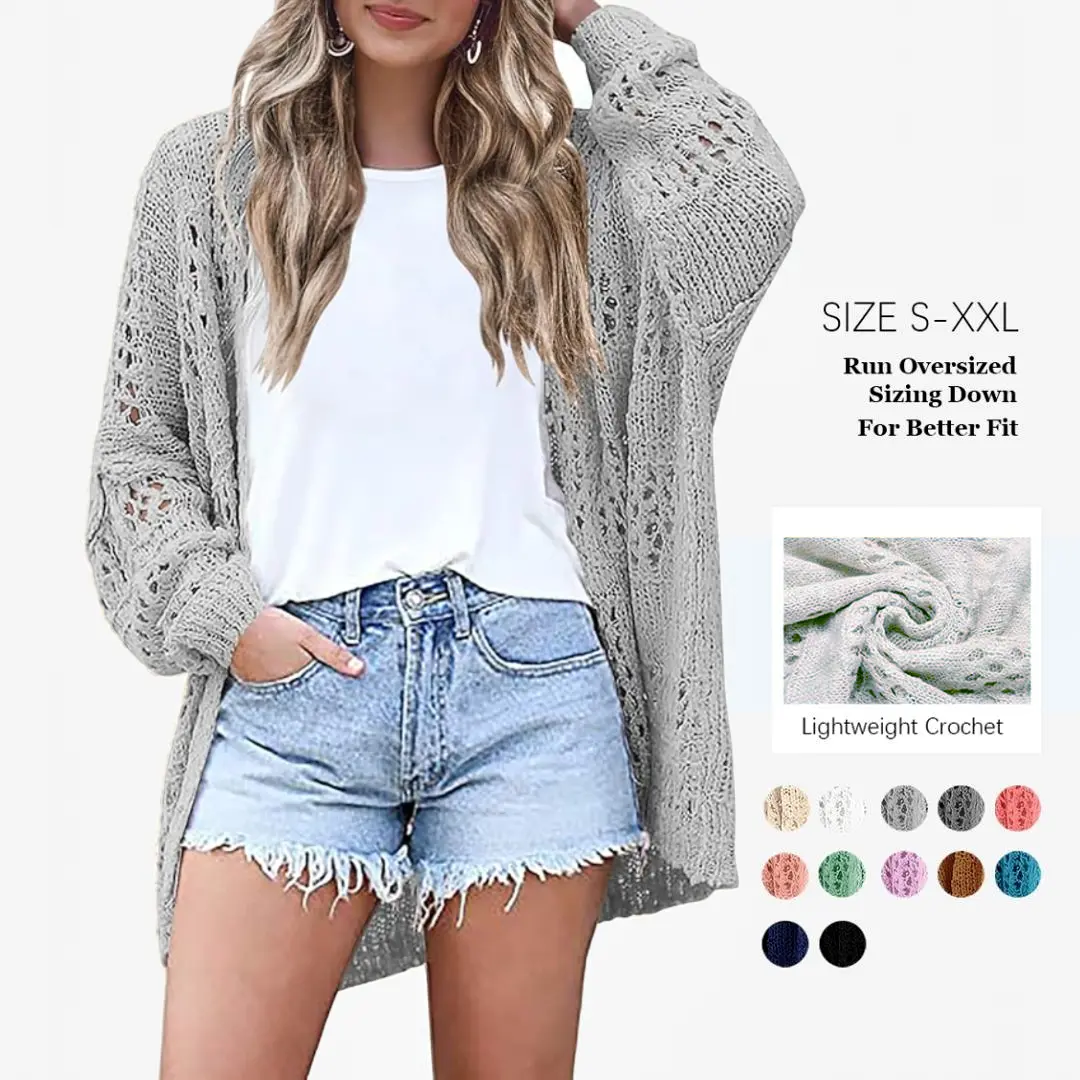 Women's Oversized Crochet Cardigan with Batwing Sleeves, Lightweight Minimalist Knitwear, Open Front Summer Beach Sweater