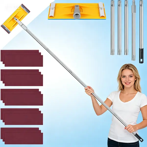 Stainless Steel Adjustable Drywall Pole Sander, 12-55in Extension Pole, Durable Rotating Head, Hook-and-Loop, 15 Sheets (60/80/180/240/320 Grit), Reusable, No Glue Needed, Long-Lasting Use, Boosts Safety & Work Efficiency for DIY, Home Renovations