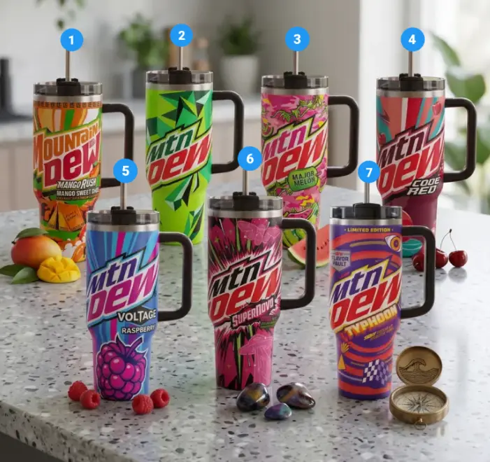 Mtn Dew 40oz Tumbler with Handle & Straw, Colorful Soda Flavor Graphic Stainless Steel Vacuum Insulated Travel Mug, Leakproof Cup Fits Car Cup Holder