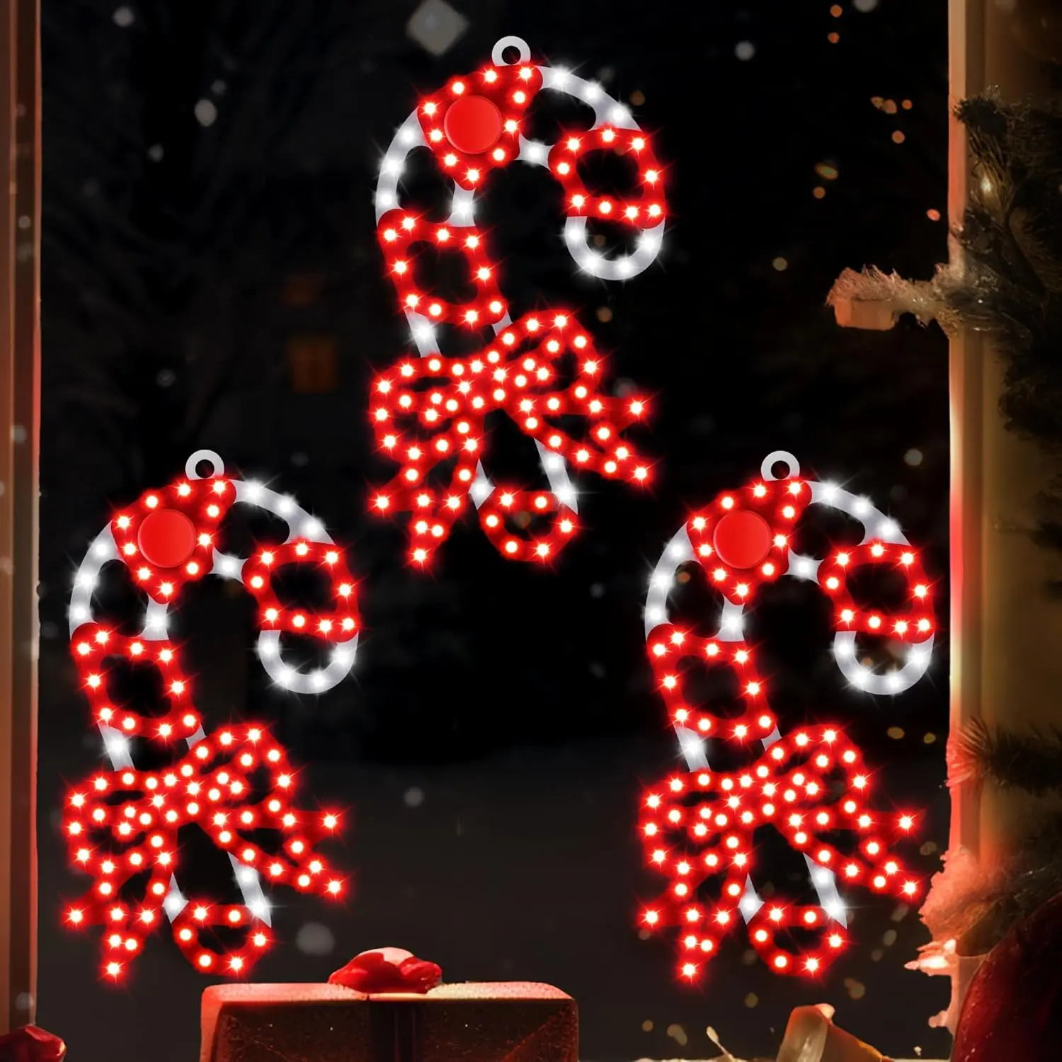 10in Lighted Christmas Candy Cane Ornaments (3-Pieces) - Waterproof Plug-In LED Holiday Decoration, Hi-Vibrant Twinkling Red & White Lights, Mountable with 3 Suction Cups for Windows, Walls, Led Lights