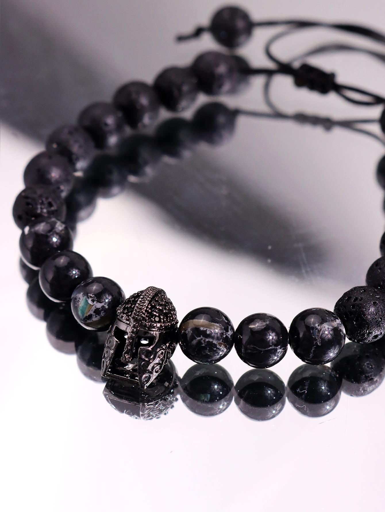 Pair of stylish, minimalist, luxurious, unique, cool, and refined bracelets featuring a Spartan helmet design and volcano stone beads for men—ideal for everyday wear, holidays, parties, and streetwear jewelry.