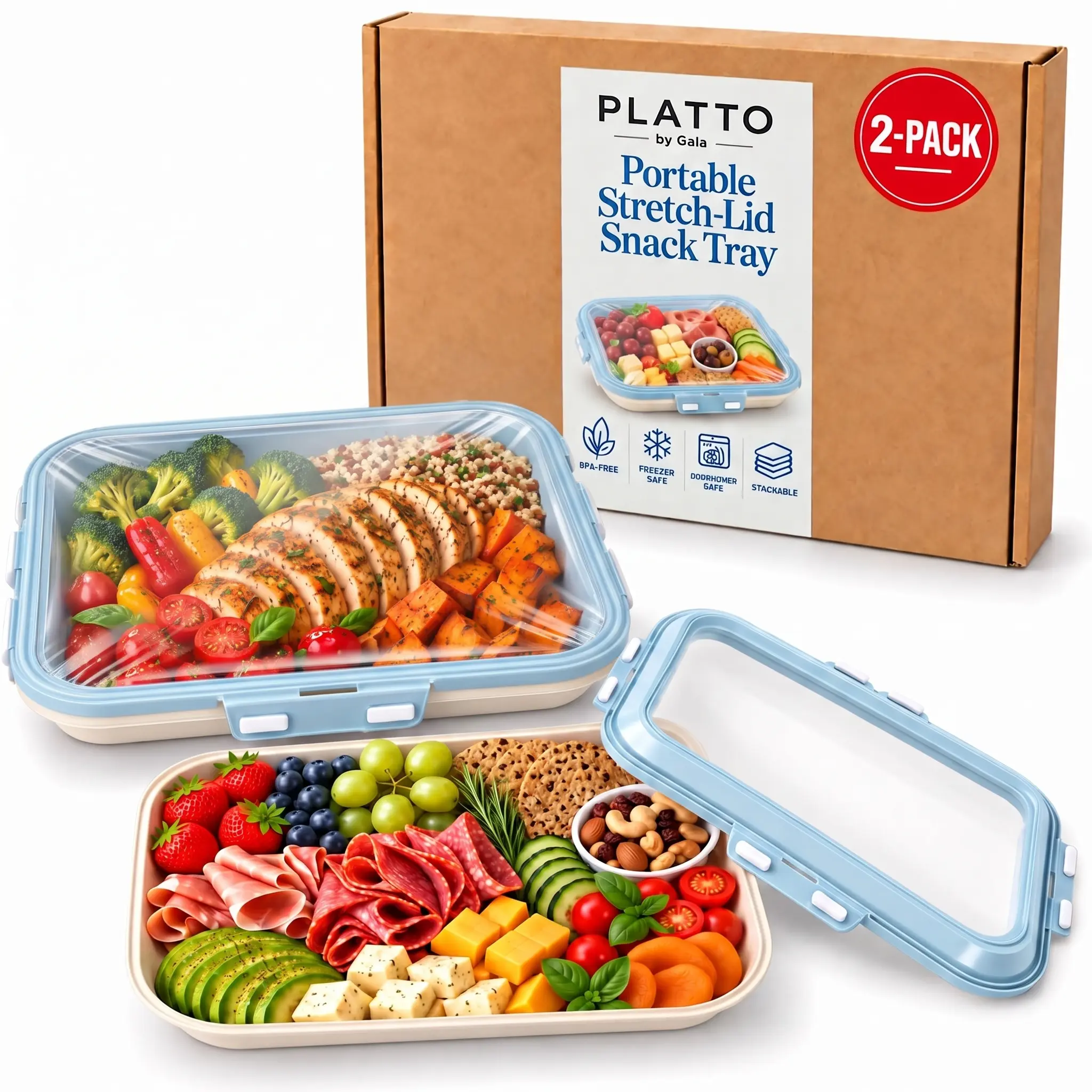Platto - Portable Snack Tray with stretch Lid | Rectangle 2-Pack Stackable Snap Tray Reversible lid food storage containers for travel, picnic containers, BPA-free, freezer and dishwasher safe