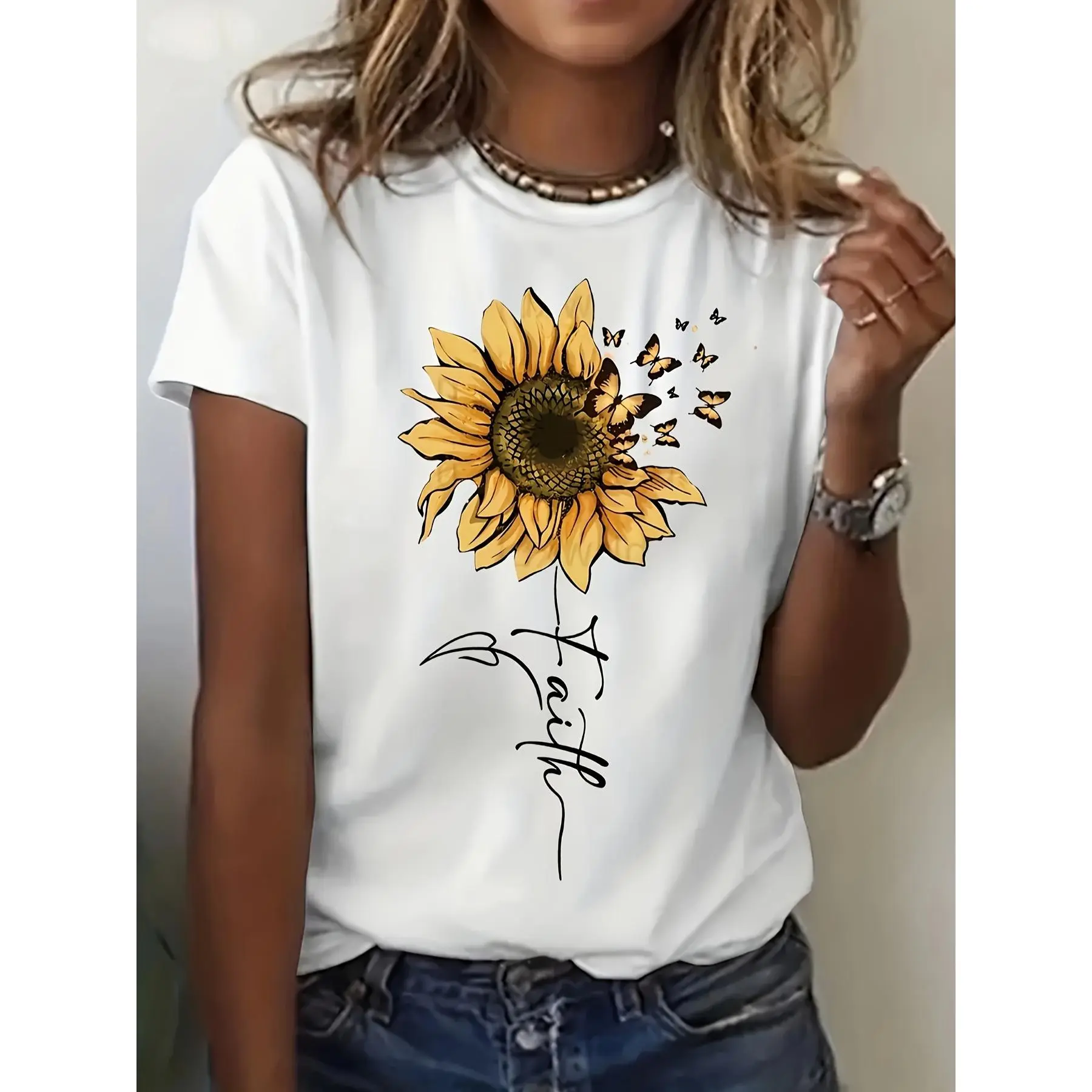 100% Cotton Women'S Sunflower And Butterfly Graphic T-Shirt - Casual Gray Short Sleeve Top, Lightweight & Breathable Polyester Blend, Perfect For Spring & Summer Fashion, Sunflower Shirt Golf Gift T-Shirt For Men And Women