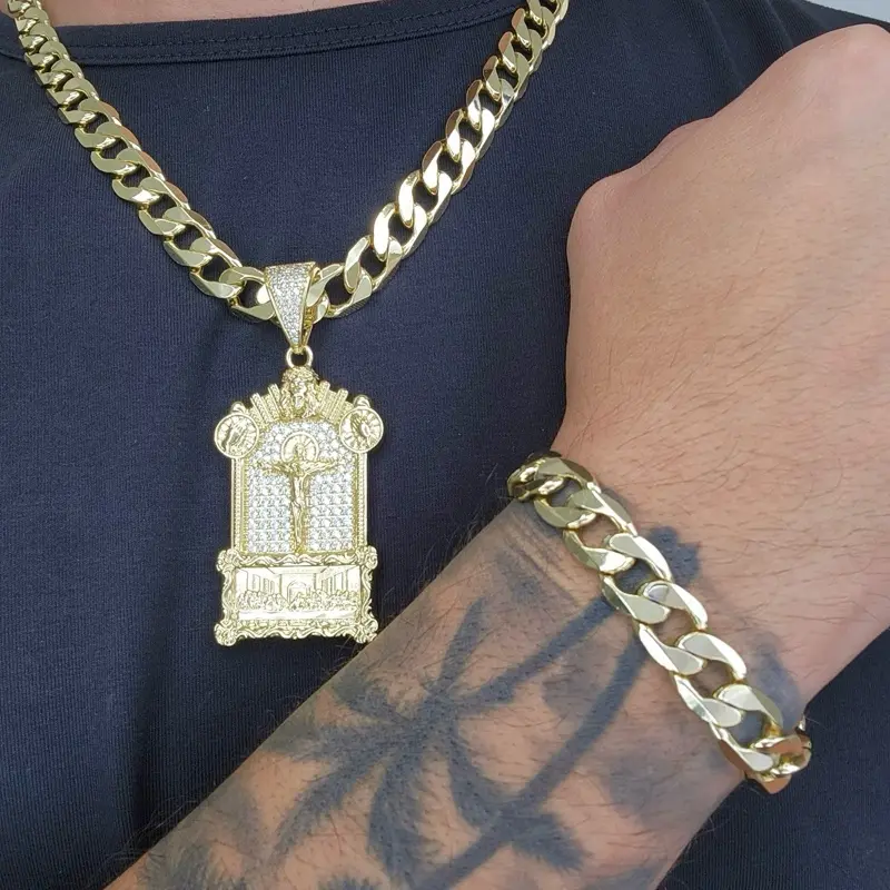 ViOrO 14K Gold Plated 8-10mm Cuban Link Chain with Bracelet and Zircon  Jesus Christ Pendant for Dairy Use. Electro Laminated Premium Jewelry