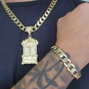 ViOrO 14K Gold Plated 8-10mm Cuban Link Chain with Bracelet and Zircon  Jesus Christ Pendant for Dairy Use. Electro Laminated Premium Jewelry