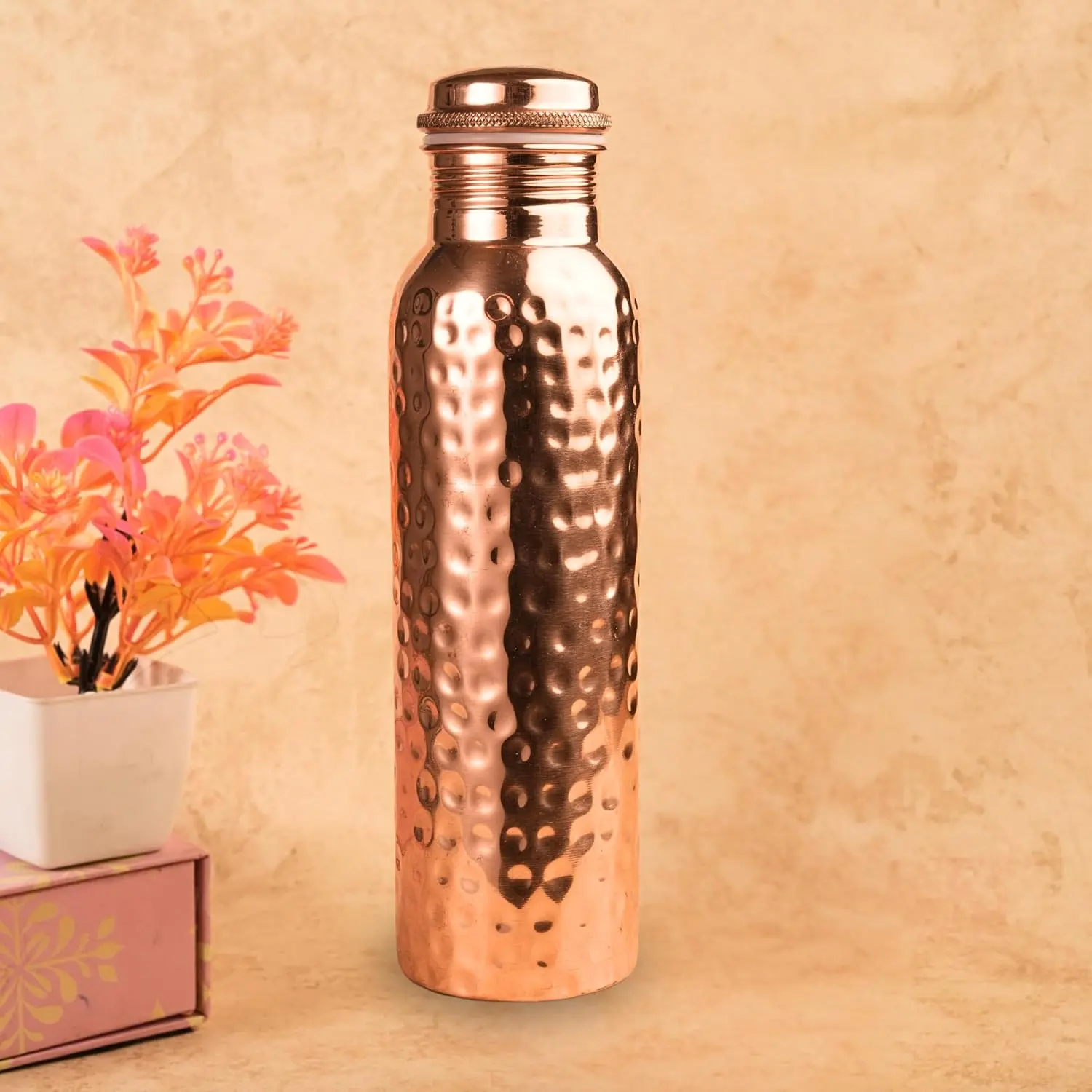 Copper Water Bottle 34oz/1000ml, Pure Handmade Hammered Copper Vessel, Ayurvedic Drinking Flask, Leak-Proof Heavy Duty for Gym Yoga Travel