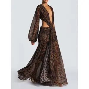Deep V Backless Mesh Dress, Women's Lantern Sleeve Pleated Gown, Party Evening Sexy Long Dress, Elegant Formal Wear