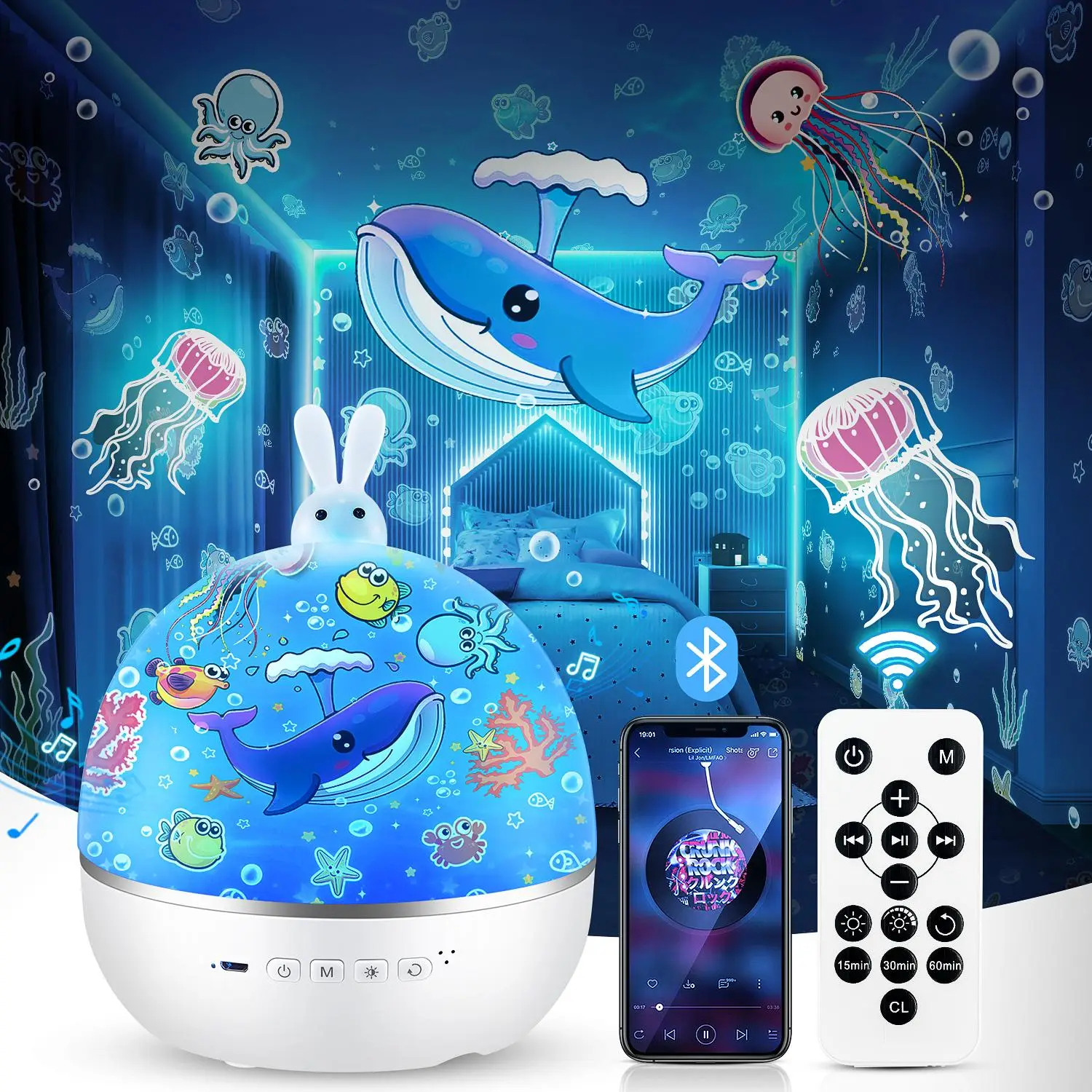 Projector Night Light with 15 Films-Stars, Night Light Projector with BT Speaker & Remote Control, Projector Neon Signs, Music Projector Ambient Night