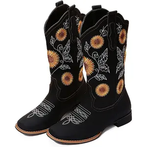Cowboy Boots for Women Mid Calf Cowgirl Western Boots Sunflower Embroidery Stitched Square Toe Low Heel Black Brown Yellow US6-10.5