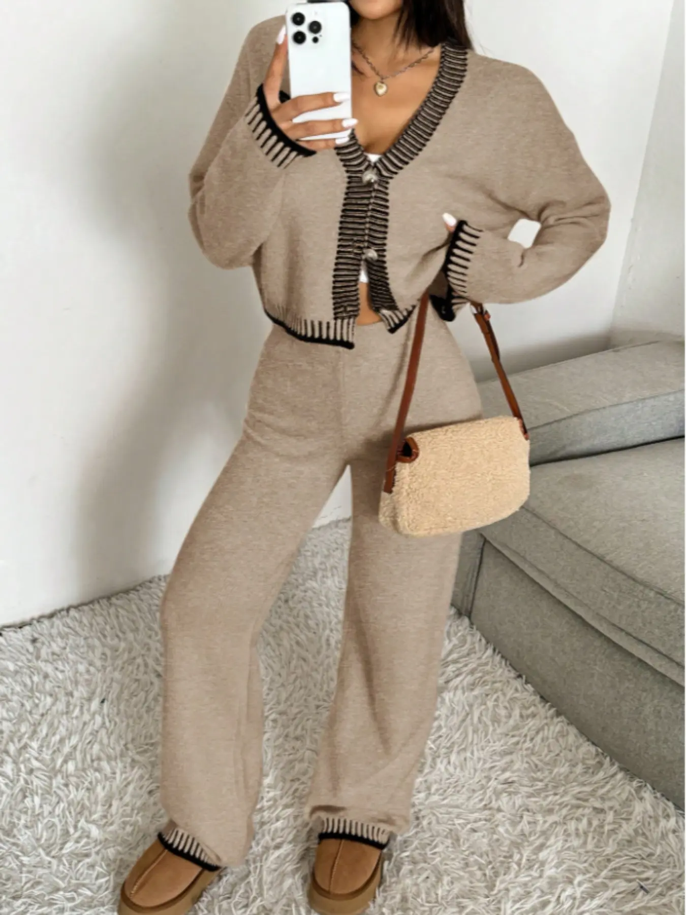 Women's Loose Button Knitted Cardigan Set, Striped Printed Patchwork Cozy Cable Knit Crop Sweater and Baggy Pants, Trendy Casual Autumn Daily Wear Knitwear Outfit, Womenswear, Clothes