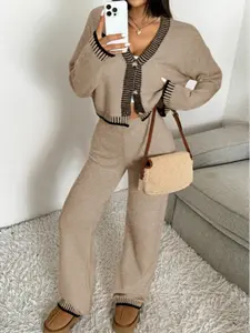 Women's Button Knitted Cardigan Set, Striped Printed Cozy Cable Knit Sweater and Pants, Trendy Autumn Daily Wear