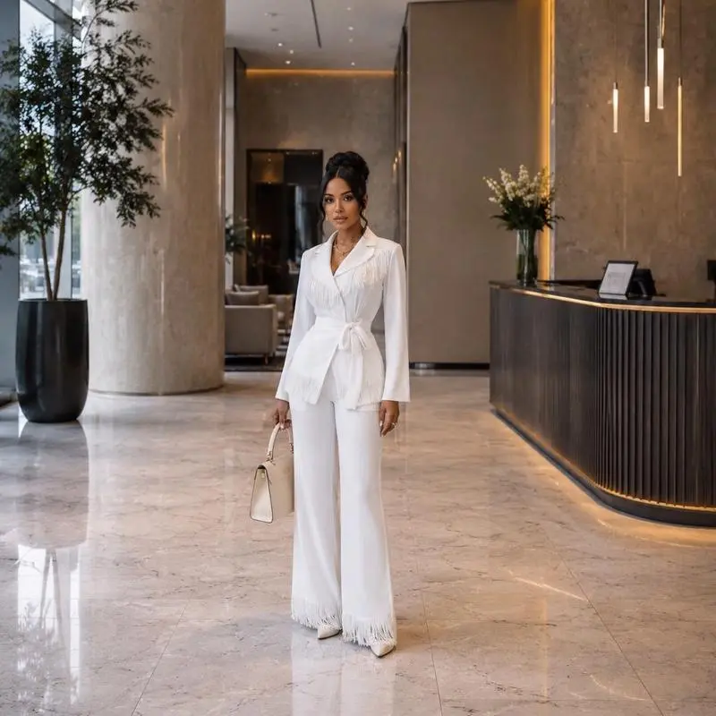 Women's 2-Piece Pantsuit, Chic Long Sleeve Wrap Top with Fringe Detail and Belt, Elegant Polyester Trousers, 1 Size, One Size