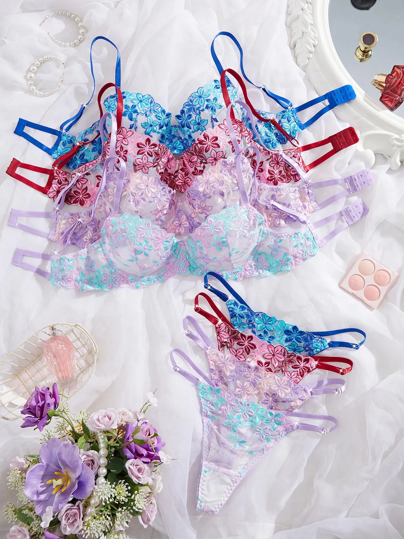 Women's Floral Lace Matching Bra & Panty Set, Sexy Comfy Breathable Elegant Lingerie Set for Daily Wear, Women's Underwear Set for All Seasons