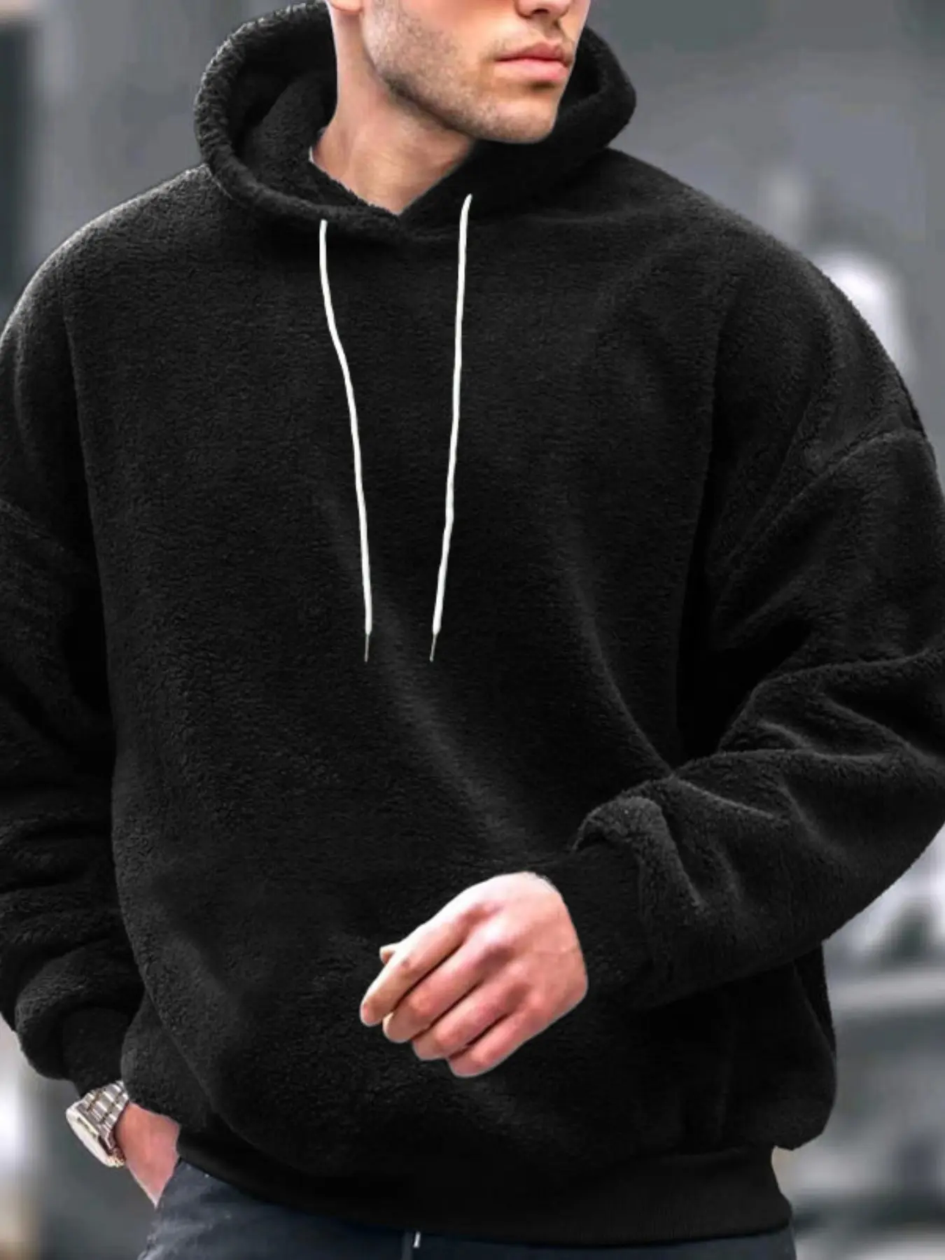 Men's Fleece Hoodie, Sweatshirts, Pullover, Oversized Fit & Plush Sherpa Texture, Soft, Long-Sleeve Design for Winter Layering, Casual Lounging, Street Style, Adjustable Drawstrings, Warm, Cozy, Must-Have for Men Seeking Comfortable Looks