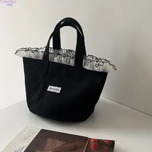 New Korean INS Style Lace Trim Canvas Tote Bag for Women, Large Capacity Portable Handbag, Cute Ruffle Edge Design Daily Carry Bag, Lightweight Durable Storage Purse Perfect for School, Work, Shopping, Travel and Everyday Casual Street Style Outfits