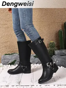 Drop Women's High-Top Saddle Boots with Buckle Strap, Fashionable Durable Riding Shoes for Trendy Women, Stylish Footwear for Casual Wear