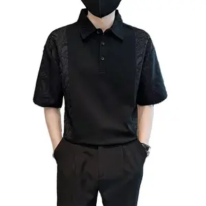 Korean Style Trendy Short Sleeve Polo Shirt T-Shirt Men Summer Trendy Cool High-End Cashew Flower Patchwork Black Top