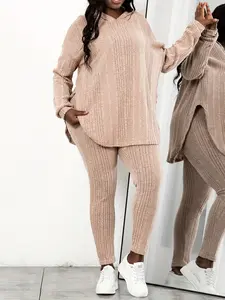 【plus Size】 Plain Split Curved Hem Hoodie & Leggings Lounge Two-piece Set, Casual Fashion Cozy Breathable Two Piece Outfits for Daily Home Wear, Women's Sleepwear for Spring & Fall, Pajama Set