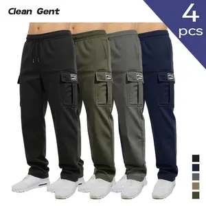 Clean Gent 4-Pack Men’s Fashion Solid Color Minimalist Premium Cargo Pants, Straight Cut Versatile Multi-Pocket Design, Drawstring Elastic Waist, Everyday Wear