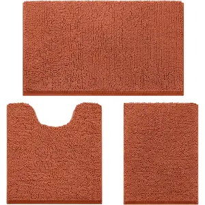 3 Pieces Rugs, Soft Non Slip Absorbent Bath Mat Set (Burnt Orange)