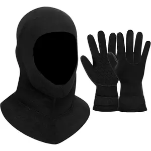 3mm Thermal Neoprene Diving Hood and Water Gloves, Warm Wetsuit Diving Cap and Gloves with Adjustable Waist Strap for Men Women, Ideal for Snorkeling Sailing Surfing Kayaking