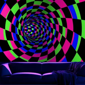 Black Light 3D Posters Wall Tapestry for Bedroom, UV Reactive Checkered Tunnel Decor,Blacklight Upright Backdrop Wall Hanging for Gaming Dorm Living Room 51"x60"