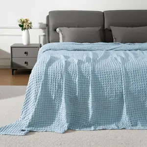 Cooling Blanket for Hot Sleepers,Lightweight Cotton Summer Blanket of Rayon Derived from Bamboo.Waffle Weave Luxury Throws for Bed,Couch and Sofa.Blue,104x90 Inches