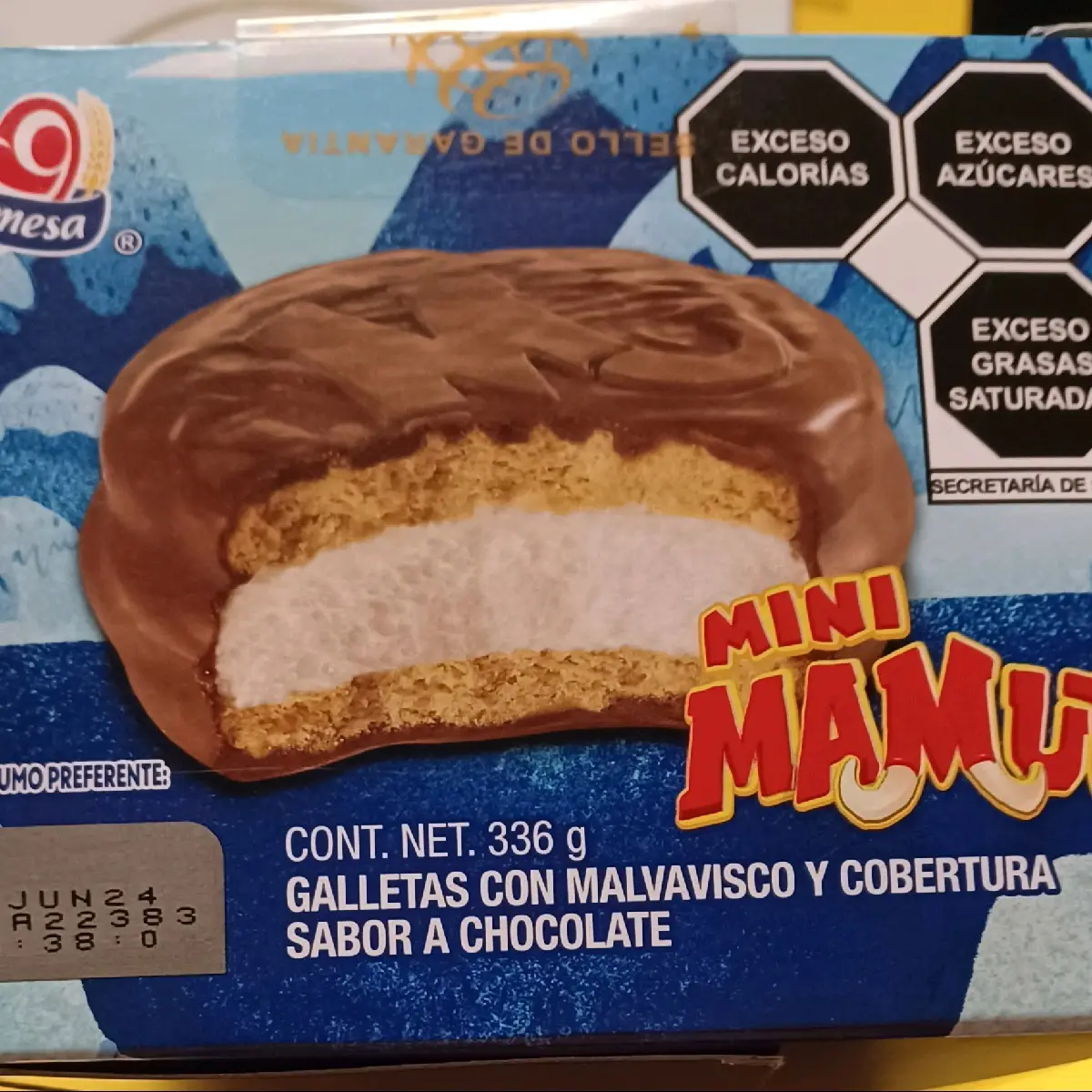 Gamesa Mini Mamut Marshmallow filled cookie with a chocolate flavored coating - artificially flavored.