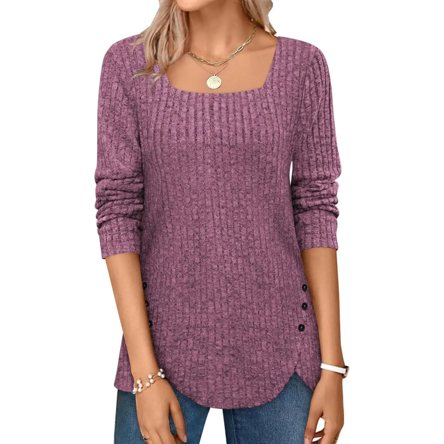 Imily Bela Women's Sweaters Fall  Lightweight Long Sleeve Square Neck Tunic Tops