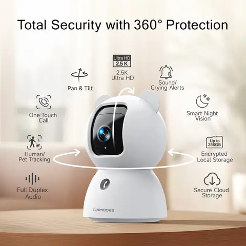 CINMOORE 2.5K Security Camera Indoor, Non-Subscription AI Person/Pet/Cry Detection, 4MP Pet/Dog/Cat Camera with Phone App, Pan Tilt 2.4GHz WiFi Cameras for Home Security, IR Night Vision, Full Duplex 2-Way Audio, Motion Sensor