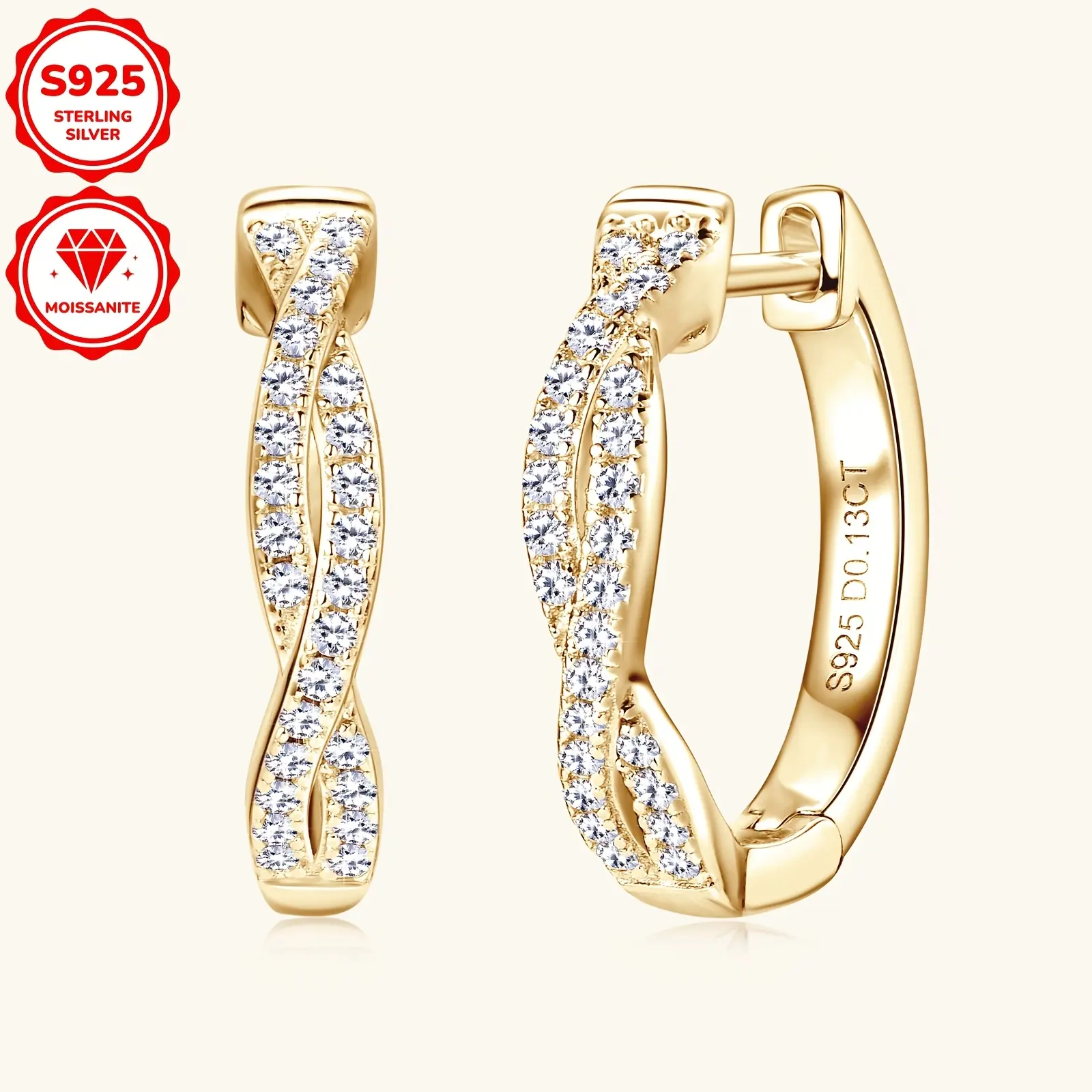 Silver Weight 3.29G, Moissanite 1Mm*52pcs, 0.13Ct*2pcs. 1 Pair of Moissanite Earrings 925 Sterling Silver Women'S Fashion Hoop Earrings Twisted Braid Hoop Sterling Silver Earrings Exquisite Moissanite Earrings