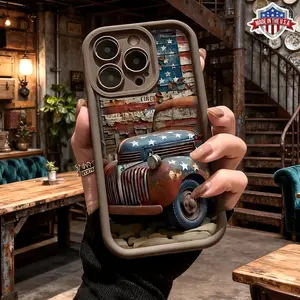 Vintage American Flag Truck Pattern Aesthetic Phone Case for iPhone 17 16 15 14 Pro Max 13 12 11 XR XS Plus Air Slim Lightweight Shockproof Anti Drop Protective Durable TPU Cover