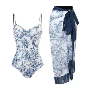 2026 Summer Must-Have: French Country Print 2-Piece Swim Set — Corset Swimsuit + Wrap Sarong, Elegant Beachwear