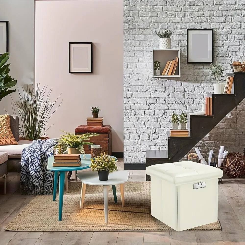 13" Fireproof Storage Ottoman Modern Leather Footstool with Lock Square Folding File Box Cover Container for Contemporary Settings