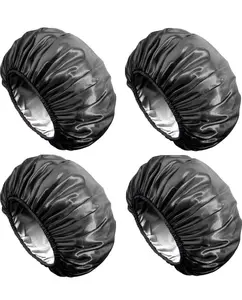 Shower Cap, Extra Large Shower Cap for Men, Satin EVA Double Layer Waterproof Reusable Hair Cap for Women Long Hair(All Black 4 Pack)