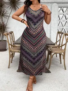 Plus Size Women's Vintage Boho Style Striped Geometric Print Spaghetti Strap Maxi Dress for Summer Vacation - Fabric, Casual