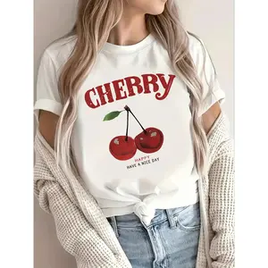 Women's Casual Short Sleeve Crew Neck T-Shirt Cherry Print Cherry Make It A Text Medium Stretch Spring Summer Top Cute Playful Design Fashionable Clothing