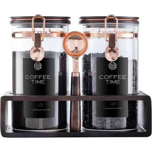 Glass Coffee Canister Set with Wooden Shelf, 2 Pack 45oz Airtight Food Storage Containers with Lids & Spoons, Large Canisters for Coffee Beans, Sugar, Tea, Nuts