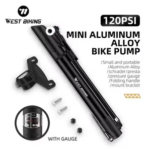 WEST BIKING 120PSI Mini Aluminium Alloy Bike Pump Cycling  Foot Pump Small and Portable Schrader/Presta Folding Handle Bike Pump