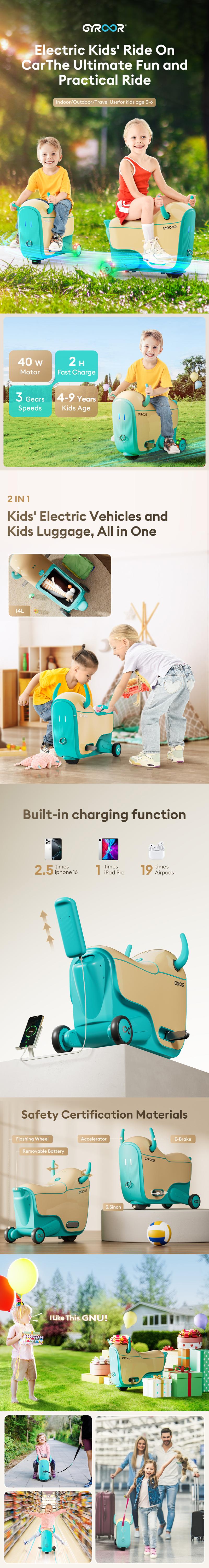 Gyroor GNU Kids Electric Ride-On Car with Flashing Wheels, Adjustable Speeds and 14L Storage, Electric Vehicles for Kids Aged 4-9 Years, 2-in-1 Ride-On and Storage