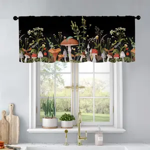 1pc Spring Flowers Mushroom Black Background kitchen curtains living room bedroom bathroom home decoration 54 * 18 inches