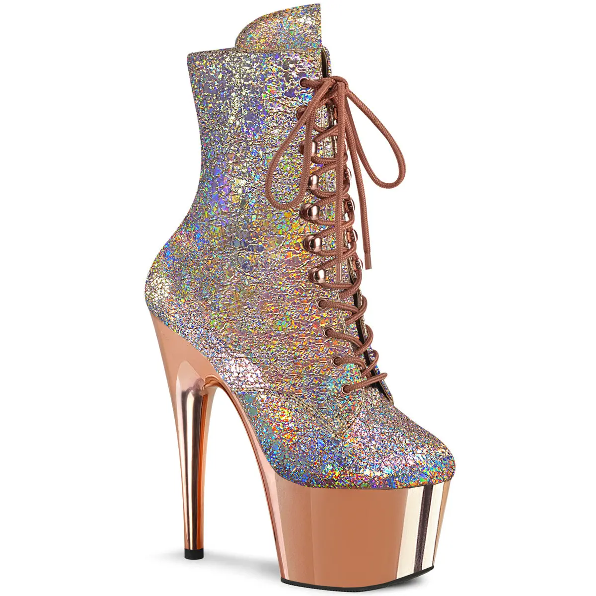 Women's Ankle Footwear in Rose Gold Holographic Metallic Synthetic PU, 7-Inch Heel with 2.75-Inch Platform, Lace-Up and Side Zip, Boot, Ankle Boot, Metallic Holo, Shoe, 7 In, Night Out, Holo Metallic