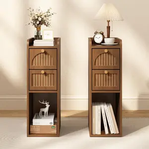 7.87" Narrow Nightstand Set of 2, Fluted Slim Bedside Table with 2-3 Drawers, Mid Century Modern Small End Table with Gold Metal Handles, for Bedroom, Living Room & Small Spaces