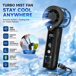 Hangfan Portable Foldable Mist Fan with LED Light, 100-Speed Turbo Handheld Fan, USB Rechargeable Cooling Fan with AI Timer Display Wearable Fan